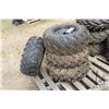 Image 1 : Four ATV tires on rims. Three are matching. See photos for makes and sizes