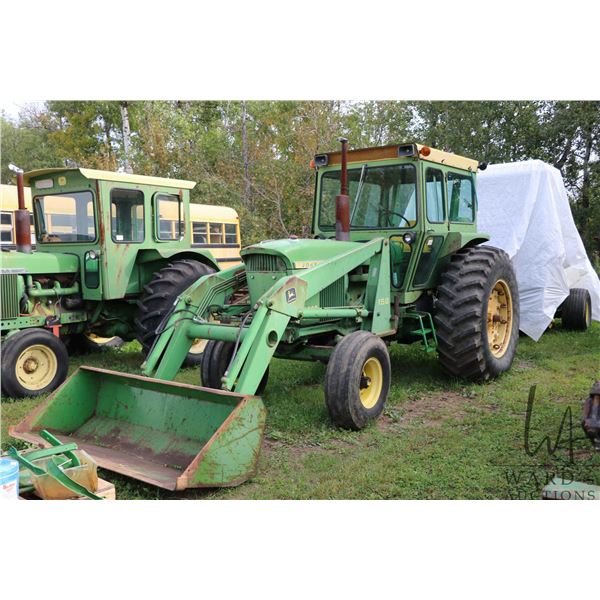 John Deere 4020 tractor, fitted with cab. and 158 loader with bucket. Showing 7966.7 hours. Running 
