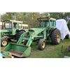 Image 1 : John Deere 4020 tractor, fitted with cab. and 158 loader with bucket. Showing 7966.7 hours. Running 