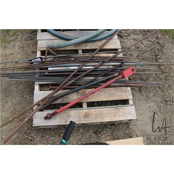 Selection of assorted steel including rebar, ratchet handles, king pin hooks etc.