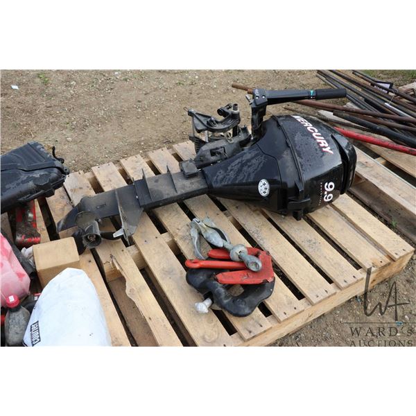 Mercury 9.9 hp 4 stroke outboard motor, note: mounted bracket broken, engine turns over freely. Also