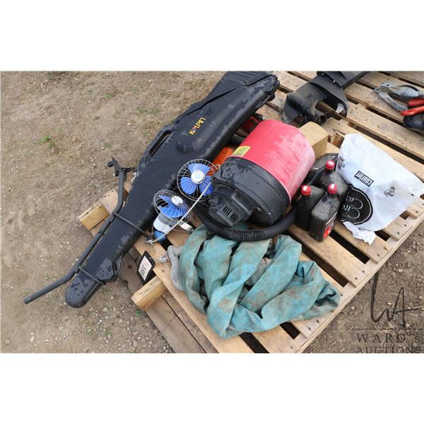Pallet of assorted items including ATV mounted rifle case, small shop vac., tow strap, Yamalube etc.