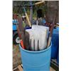 Image 3 : Rain barrel with large selection of rakes, shovels, picks etc.