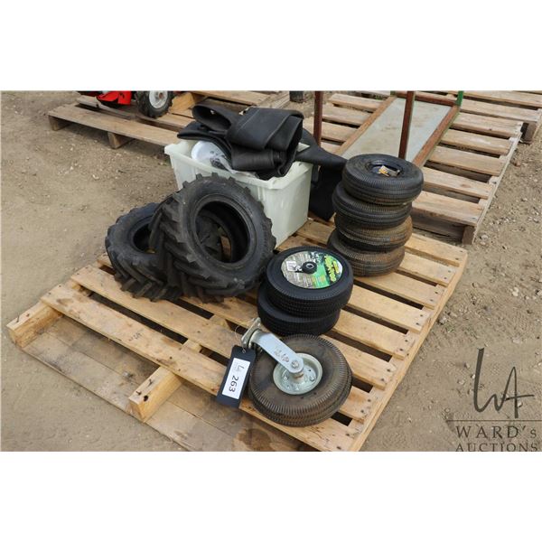 Selection of tires with wheels for small carts plus a pair of ATV style tires etc.