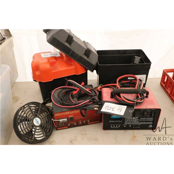 Two battery chargers, two battery boxes and miscellaneous electrical items