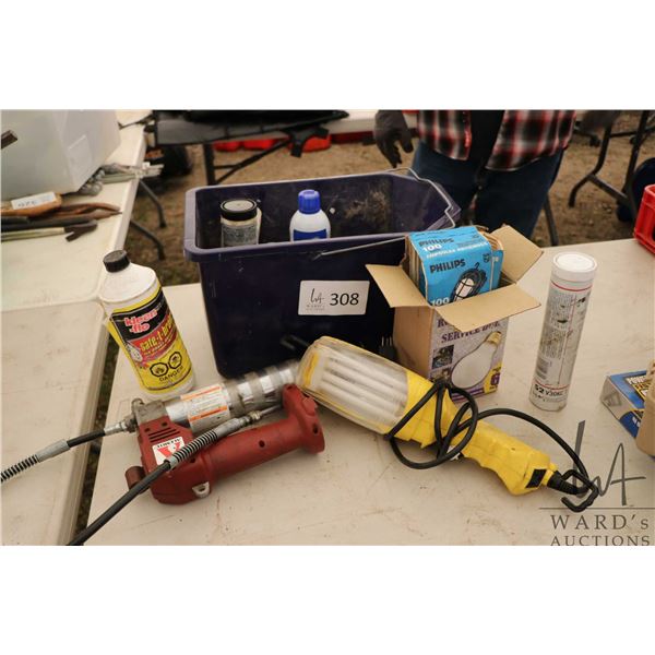 Selection of grease and other chemicals, grease gun with no battery, mini florescent trouble light a