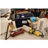 Image 1 : Selection of grease and other chemicals, grease gun with no battery, mini florescent trouble light a