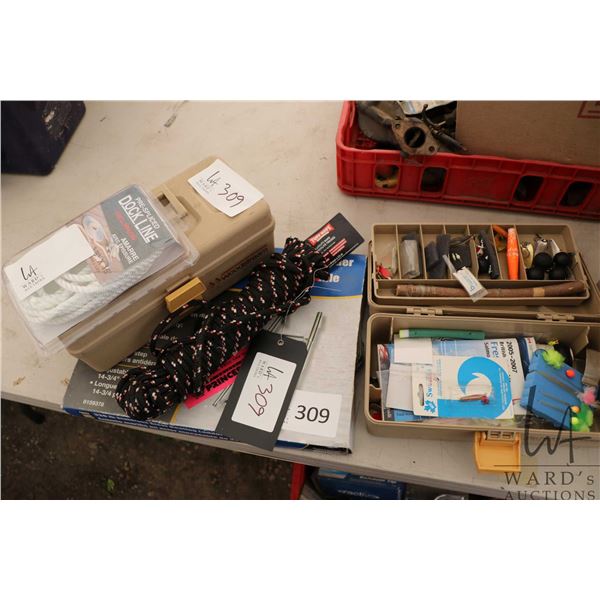 Selection of boating and fishing items including two tackle boxes, one with fishing items, boat ladd