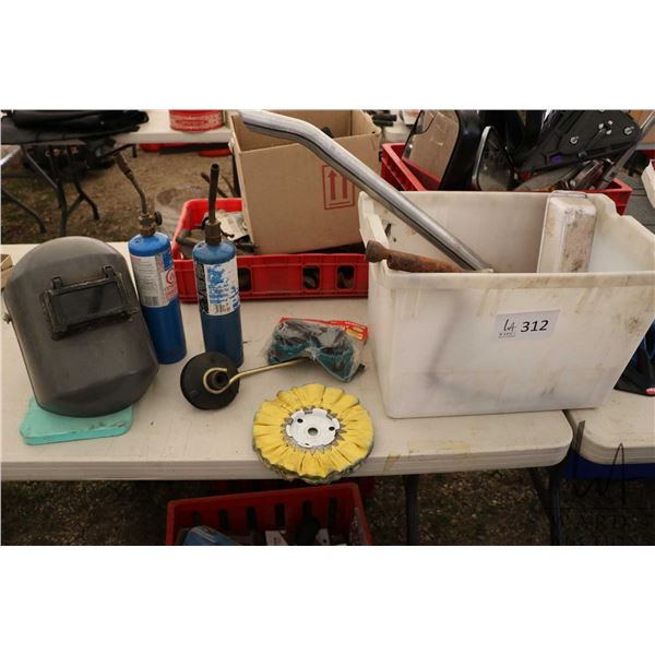 Welding helmet, welding goggles, propane torches, wrenches etc.