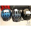 Image 1 : Two bicycle helmets and one small size motorcycle helmet