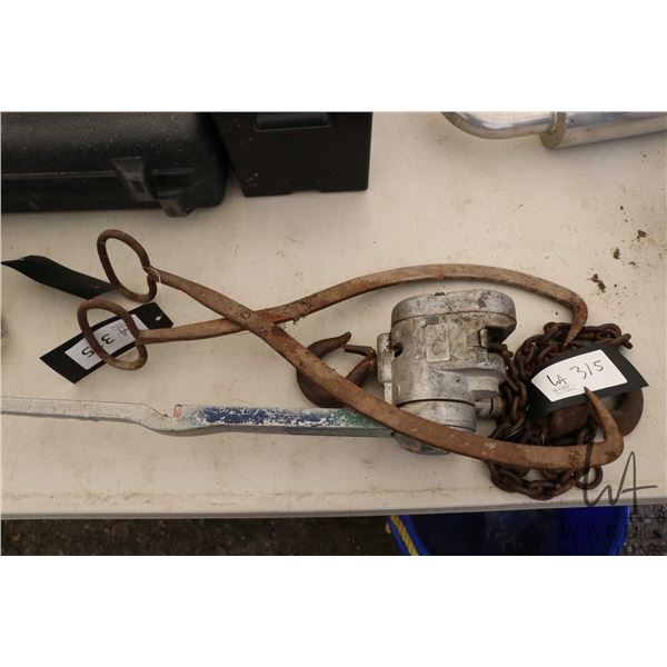 Columbus McKinnon chain hoist and pair of ice/ logging tongs