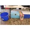 Image 1 : Two coolers, one vintage, one newer, a Coleman lantern and a blue tub