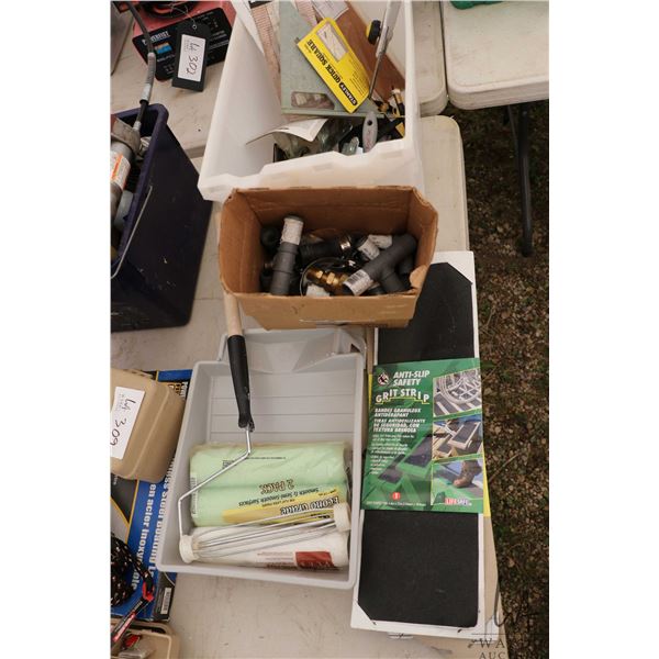 Sand paper, paint roller, hose tees, speed square etc.