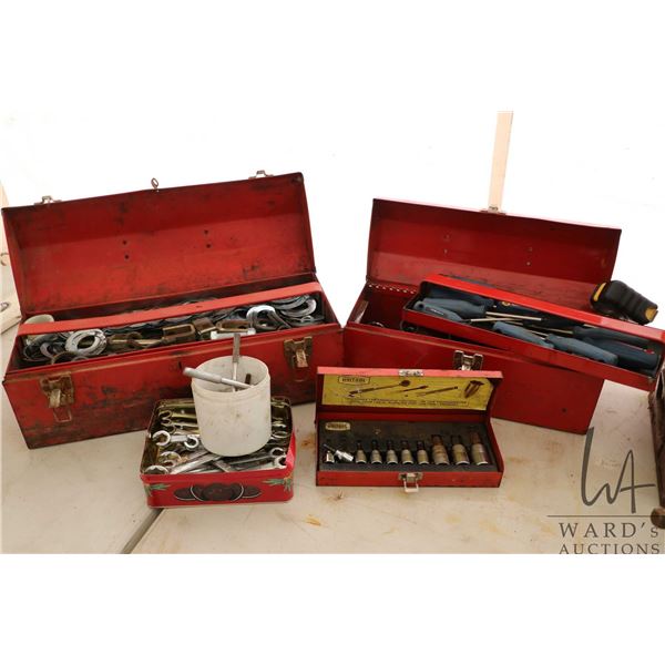 Selection of tools in tool boxes including line wrenches, screw drivers, Allen sockets etc.