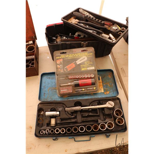 Assorted tools including fencing pliers, socket set, hammers, multi driver etc.
