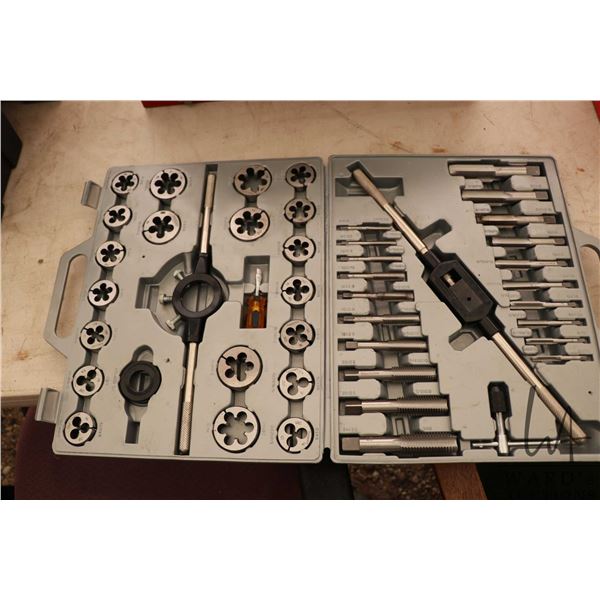 Multi piece tap and die set in plastic case, appears gently used or unused
