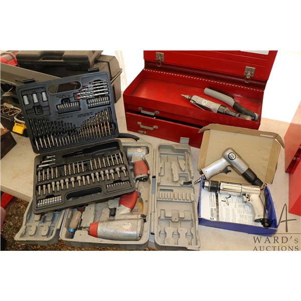 Selection of tools including pneumatic impacts, drill and hammer plus molded plastic case with drill
