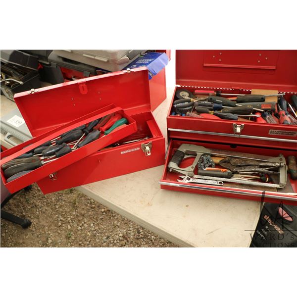 Two portable tool boxes containing screwdrivers, hack saw, wrenches etc.
