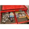 Image 5 : Too box and contents including pry bars, nut drivers, hydraulic fittings, miniature screw drivers, c