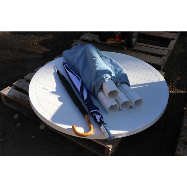 Patio table and two umbrellas.