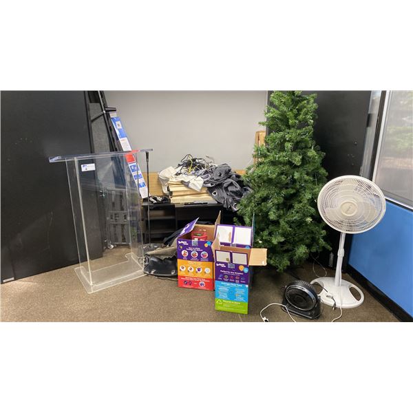 CONTENTS OF CLOSET- BALLOON TIME TANKS, FANS, TV MOUNTS, PLEXIGLASS PODIUM, PULL DOWN PROJECTION