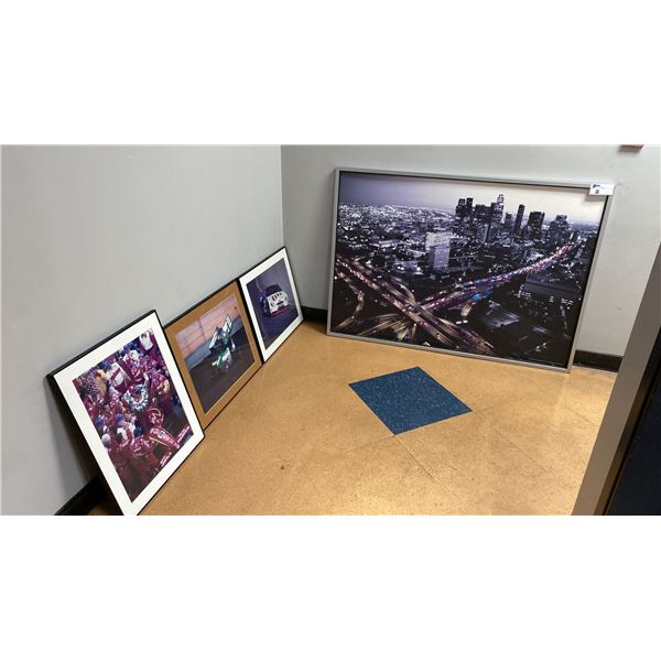 CITYSCAPE PRINT & 3 FRAMED RACING PICTURE