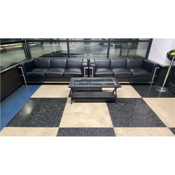PAIR OF LEATHER WITH CHROME 3 SEAT SOFAS & GLASS TOP COFFEE TABLE