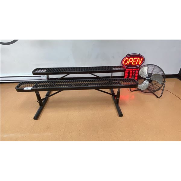 2 METAL 6' BENCHES, FAN & OPEN SIGN