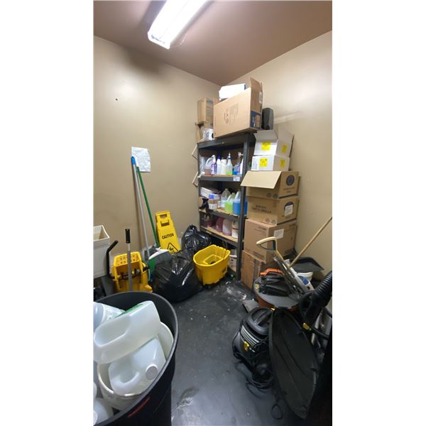 CONTENTS OF JANITORIAL CLOSET- SHOP VAC, CLEANING SUPPLIES, TOILET PAPER, PAPER TOWEL, MOPS, MOP