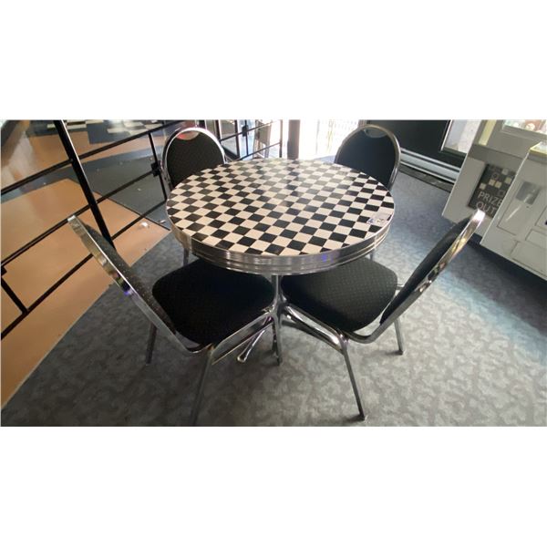 3' ROUND CHROME CHECKER TOP BISTRO TABLE WITH 4 STACKING EVENT CHAIRS