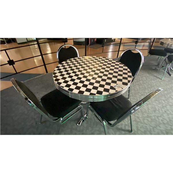 3' ROUND CHROME CHECKER TOP BISTRO TABLE WITH 4 STACKING EVENT CHAIRS