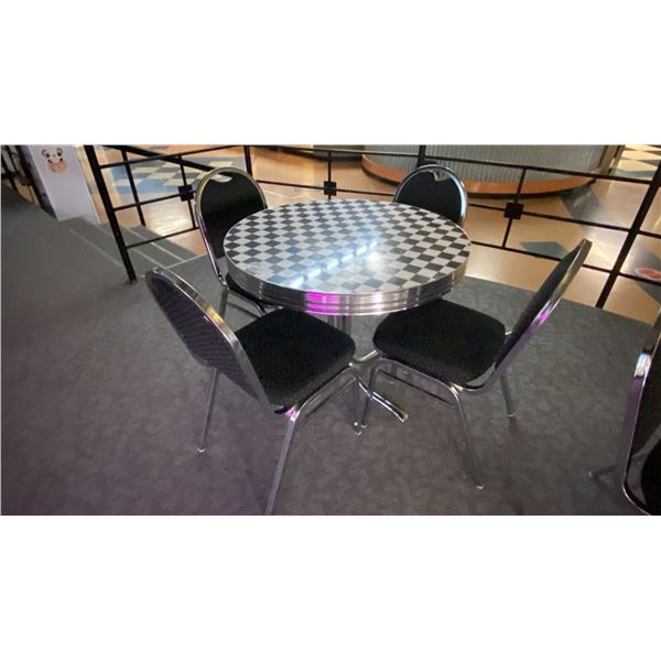 3' ROUND CHROME CHECKER TOP BISTRO TABLE WITH 4 STACKING EVENT CHAIRS