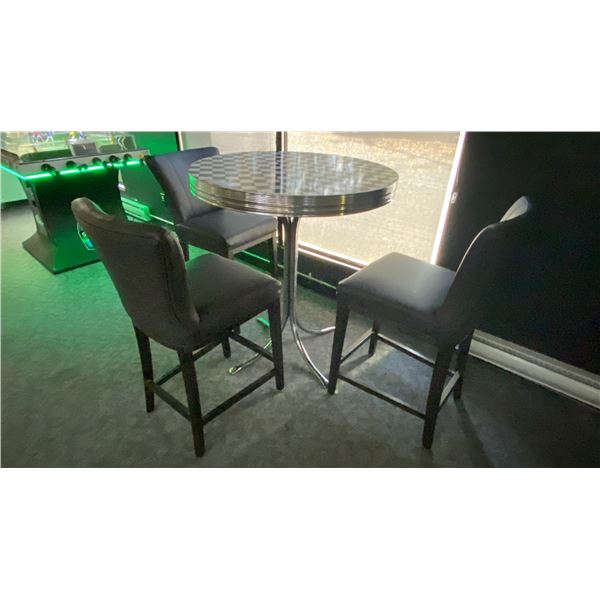 3' ROUND CHROME CHECKER TOP BAR HEIGHT TABLE WITH 3 LEATHER BAR HEIGHT DINING CHAIRS