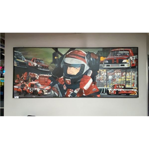 LARGE OIL ON CANVAS TRANSFER RACING PRINT APPROX 10' X 4'