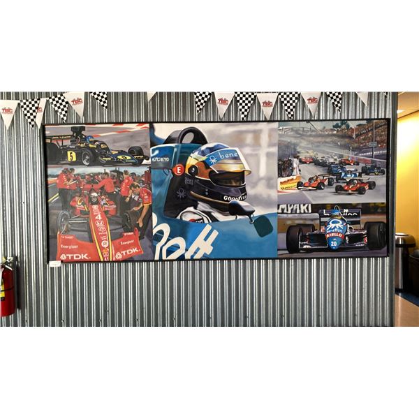 LARGE OIL ON CANVAS TRANSFER RACING PRINT APPROX 10' X 4'