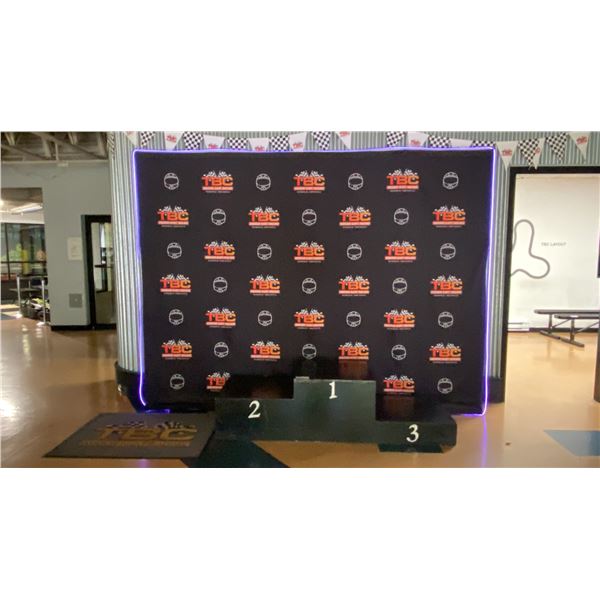 RACING WINNERS PODIUM WITH ILLUMINATED BACKDROP & FLOOR MAT