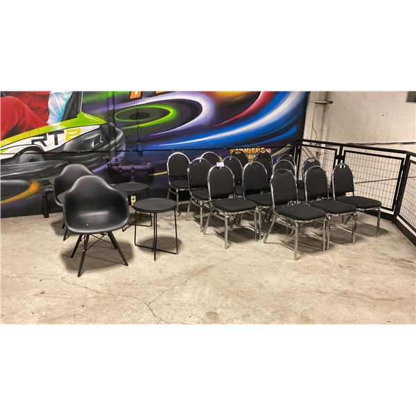 15 STACKING BANQUET/EVENT CHAIRS, 2 PLASTIC MOLDED ARMCHAIRS WITH MATCHING SIDE TABLES