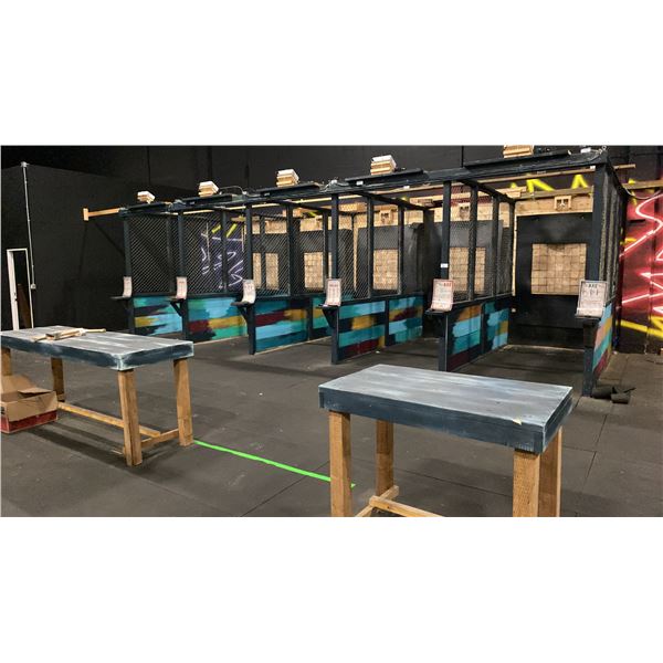 LARGE 5 STATION COMMERCIAL AXE THROWING AREA WITH PROJECTORS, SENSORS, KEYBOARDS, MICE, 3 TABLES &