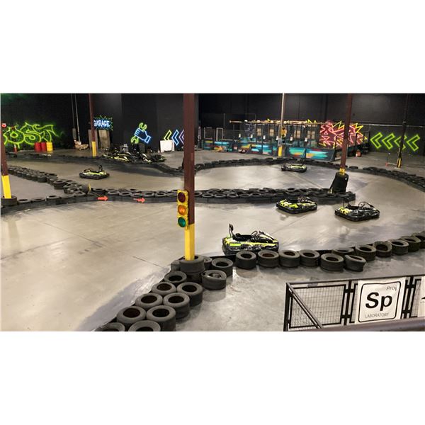 LARGE COMMERCIAL GO KART RACETRACK- INCLUDES ALL RUBBER TIRES, PLASTIC BARRIER SURROUNDS & LARGE