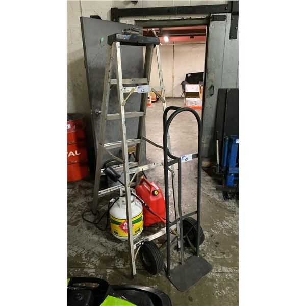 ALUMINUM LADDER, TIGER TORCH WITH PROPANE TANK, 2 WHEEL HAND TRUCK & JERRY CAN