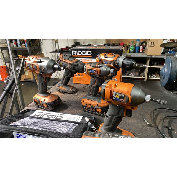 DEWALT SHOP RADIO & RIDGID CORDLESS DRILL AND DRIVER SET- 5 DRILLS, 6 BATTERIES & 3 CHARGERS