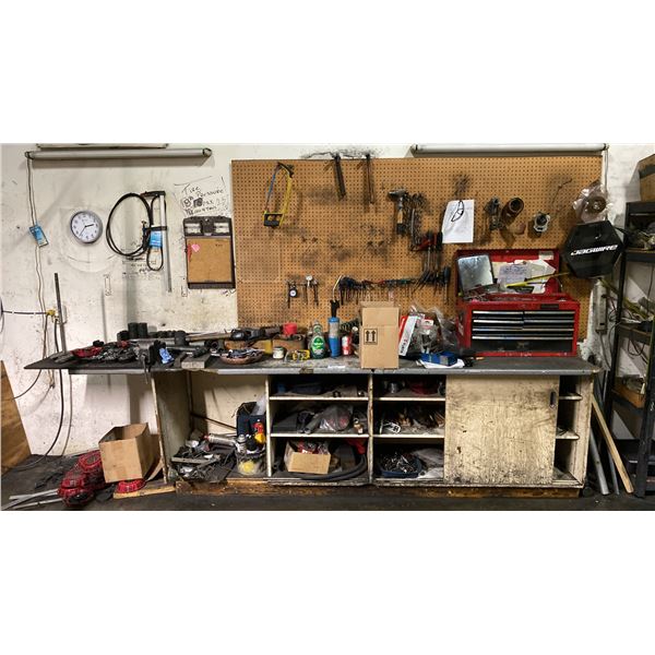 LARGE TOOL BENCH WITH CONTENTS- HUSKY TOOL BOX, WALL HANGING TOOLS, CUPBOARDS OF TOOLS & MISC SHOP