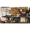 Image 1 : LARGE TOOL BENCH WITH CONTENTS- HUSKY TOOL BOX, WALL HANGING TOOLS, CUPBOARDS OF TOOLS & MISC SHOP