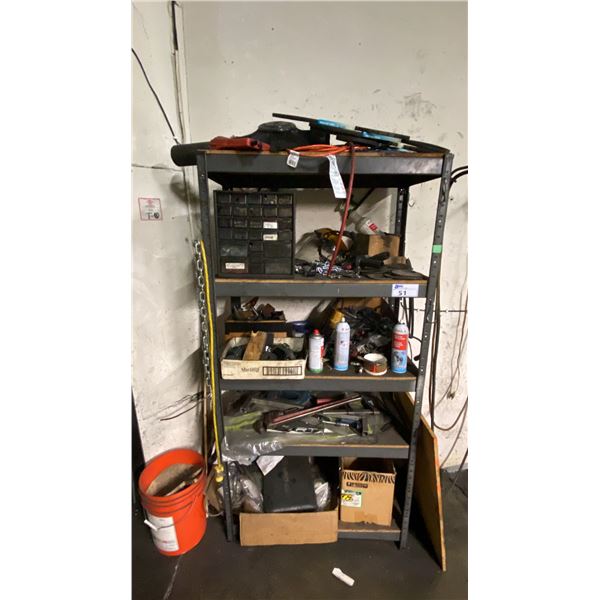 5 TIER COMMERCIAL SHELVING UNIT WITH ASSORTED TOOLS & MISC ITEMS *MUST TAKE ALL*