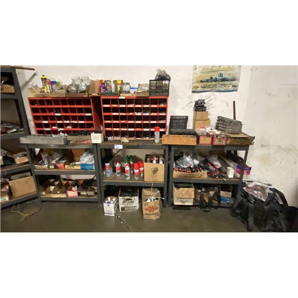 3 INDUSTRIAL COUNTER HEIGHT SHELVING UNITS AND CONTENTS & PAIR OF ORANGE 40 COMPARTMENT PARTS