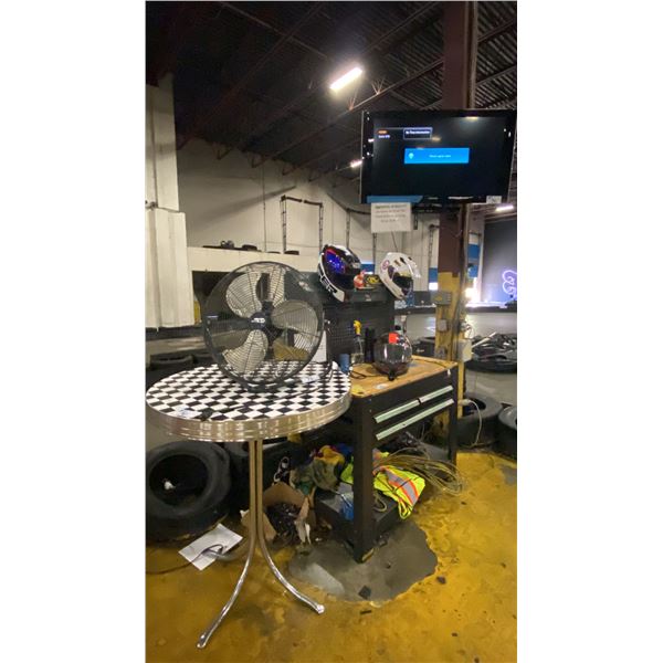 WORKBENCH WITH HEATER, TV, RACING HELMETS, MEGAPHONE, CHECKER TOP TABLE, FAN & ASSORTED ITEMS