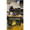 Image 3 : WORKBENCH WITH HEATER, TV, RACING HELMETS, MEGAPHONE, CHECKER TOP TABLE, FAN & ASSORTED ITEMS