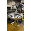 Image 4 : WORKBENCH WITH HEATER, TV, RACING HELMETS, MEGAPHONE, CHECKER TOP TABLE, FAN & ASSORTED ITEMS