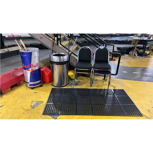 2 ANTI FATIGUE FLOOR MATS, STAINLESS STEEL GARBAGE CAN, 4 CHAIRS, RACING FLAGS, REDBULL BEVERAGE