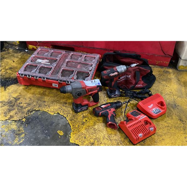 MILWAUKEE CORDLESS M12 3 PC DRILL SET & HARDWARE CASE WITH CONTENTS- HAMMER DRILL, 2 DRILLS,
